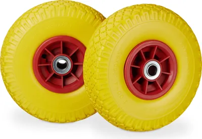 Produktbild von 4 x Sackkarrenrad, pannensichere Vollgummireifen, 3.00-4 Zoll, 20mm Achse, bis 80 kg, Ersatzrad 260 x 85 mm, gelb-rot