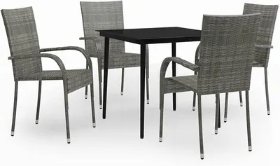 Produktbild von 5-TLG. Garten Essgruppe 4 Personen, Terrassenmöbel Set, Tisch mit Glas-Tischplatte & Polyrattan Stühle, Gartenmöbel Set Grau und Schwarz