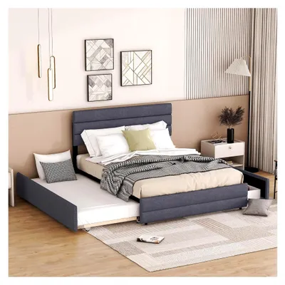 Produktbild von Polsterbett 140 x 200 cm, Doppelbett mit Ausziehfunktion und zwei Schubladen, Lattenrost aus Holz, Familienbett