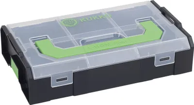 A black and green storage box with a clear lid.