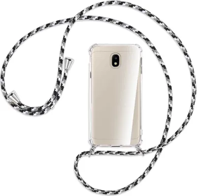 Produktbild von Handykette Backcover-Schutzhülle mit Band (Metall silberfarben) für Samsung Galaxy J3 2017 - schwarz/grau/weiß
