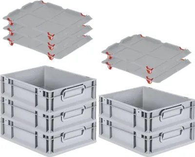 Produktbild von SparSet 5x Eurobox NextGen Grip mit Auflagedeckel inkl. 4 roten Schiebeschnappverschlüssen | HxBxT 12x30x40cm | 11 Liter | Grau | Griffe geschlossen | Glatter Boden | Eurobehälter, Transportbox, Transportbehälter, Stapelbehälter