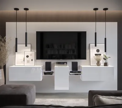 Image de Furnitech Mur de salon - Meuble de salon avec LED RGB - 16 couleurs - Mur de salon suspendu Moderne - Mur d'armoire de salon avec étagères et meuble TV (AN98-21W-HG2-1A)