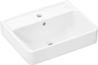 A white ceramic sink with a faucet hole and overflow drain.