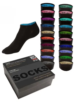 Produktbild von H.I.S. Sneakersocken für Damen und Herren, perfekt zu sortieren, mit farbigen Innenbündchen 20 -teilig 20x schwarz Größe 43/46