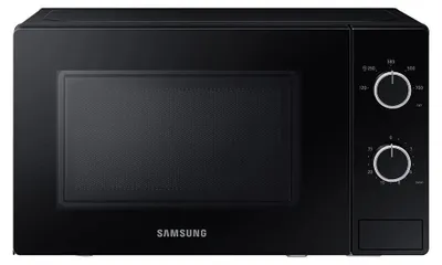 A black Samsung microwave oven shown from the front.