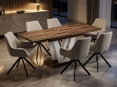 Produktbild von ENDO-Möbel Essgruppe "Lara White" - Esstisch ausziehbar 130-210cm in Eiche Stirling für 6 Personen mit Stühlen in Leinen-Beige