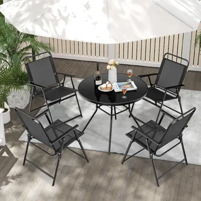 Produktbild von Set mit 4 Klappstühlen für den Aussenbereich, Teslin-Stoff mit hoher Rückenlehne und Armlehnen, Gartenstühle mit atmungsaktivem Sitz und gemütlichen Armlehnen, für Pool und Garten, Schwarz