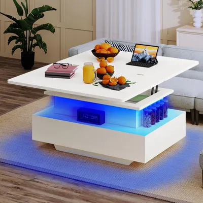 Produktbild von YITAHOME Couchtisch ausziehbar, Wohnzimmertisch mit LED-Beleuchtung, Höhenverstellbar, 2 Schubladen, 85x55x42cm, Weiß