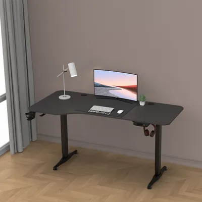 Produktbild von Výškovo nastaviteľný stôl Oxnard 160 x 75 cm elektrický stôl s pamäťovou funkciou pracovný stôl do 80 kg počítačový stôl s držiakom nápojov háčik na slúchadlá hliníkový rám čierny