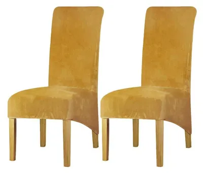 Productafbeelding van Set van 2 fluwelen stoelhoesjes, afneembaar en wasbaar, elastisch materiaal geschikt voor eetkamerstoelen, kleur: mosterdgeel