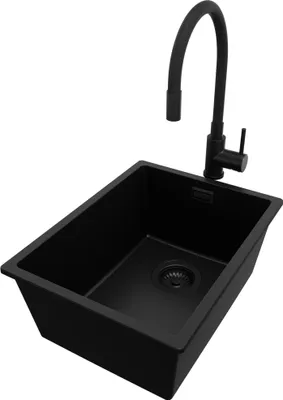 Produktbild von PRIMAGRAN Unterbauspüle Granit Alles Schwarz 36x47cm, Spülbecken 1 Becken + Küchenarmatur 40x38cm + Ablauf-Set, Granitspüle ab 40er Unterschrank - London