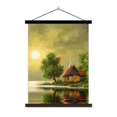 Produktbild von MuchoWow® Textilposter Gemälde - Ölfarbe - Haus - Natur - Wasser 40x53 cm mit schwarzem Rahmen - Abbildung