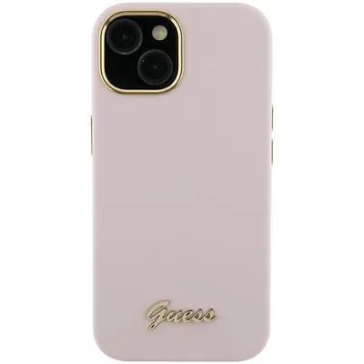 Produktbild von Guess Silikon Script Metall Logo & Rahmen - iPhone 15 Pro Max Hülle (Pink)