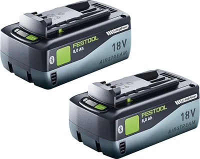 Two Festool 18V 8.0 Ah AIRSTREAM lithium-ion batteries are shown against a white background.