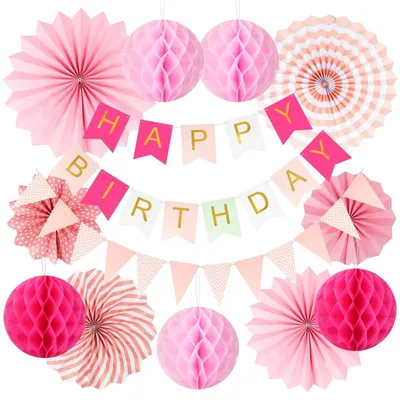 Produktbild von Geburtstagsdeko Set 26-teilig Regenbogen Partydekoration Girlande Wabenbälle Papierfächer Rosa