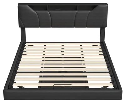 Immagine prodotto di Letto matrimoniale imbottito 140x200 cm - Contenitore a sollevamento idraulico con spazio contenitivo - Illuminazione LED - Porte USB - Rivestimento in velluto - Colore: nero