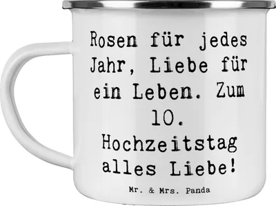 Produktbild von Mr. & Mrs. Panda wanderbecher Spruch 10. Hochzeitstag Rosenhochzeit - Weiß - Geschenk, Heiraten, Liebe und Hingabe, Eheversprechen, 10 Jahre Ehe, Teetasse, Geschenke