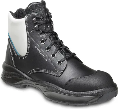 A single black work boot with white accents is shown against a white background.