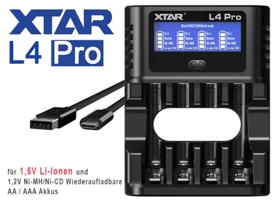 Productafbeelding van XTAR L4 Pro – Acculader met LCD-display, ontlaad- en oplaadfunctie voor Li-Ion/NiMH AA/AAA-batterijen