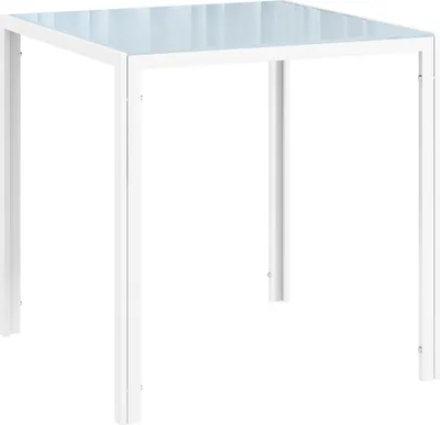 A white metal-framed square table with a clear glass top, isolated on a white background.