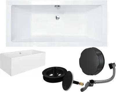 Produktbild von VBChome Acrylbadewanne 155 x 70 cm Weiß mit Acryl Schürze und Schwarz Siphon - Modern, langlebig und wärmeisolierend, perfekt für das Badezimmer