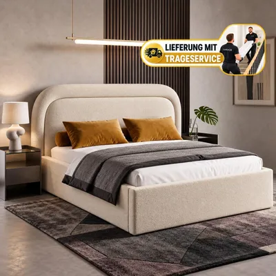Produktbild von Polsterbett 180x200 cm mit Bettkasten BONIA, Stauraum und Metall-Lattenrost – Bouclé Stoff Creme