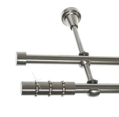 Produktbild von Gardinenstange Set Edelstahl Look Metall Ø 16mm zur Wandbefestigung 2-lauf mit Kristall, Länge wählbar H24 E25 E16