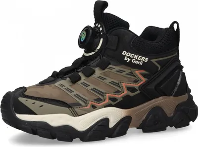 A single brown and black winter boot for boys.
