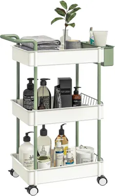 Image de Ibenzoa® : Chariot de cuisine blanc – 3 niveaux avec roulettes et panier suspendu, chariot mobile polyvalent pour la cuisine, la salle de bain et le bureau