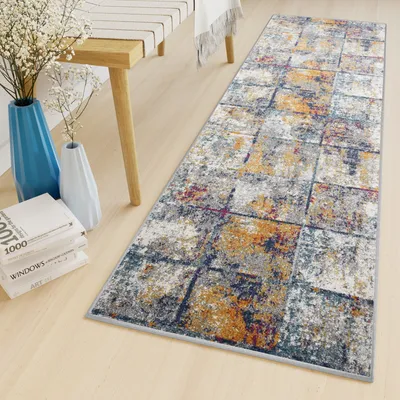 Immagine prodotto di Tappeto da corridoio per soggiorno e camera da letto, a pelo corto, design moderno, grigio e giallo, ÖKOTEX, 80 x 940