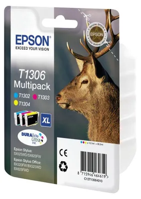 Zdjęcie produktu dla Epson Stag Multipack 3-kolorowy T1306 DURABrite Ultra Ink, High (L) Yield, Cyjan, Purpurowy, Żółty, Tusz na bazie pigmentu, 10,1 ml, 1 szt., Multipak