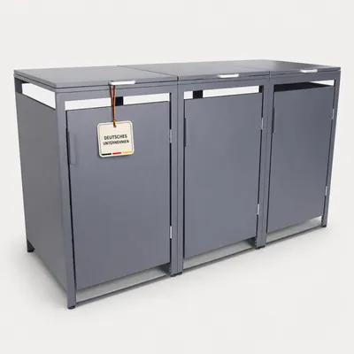 Produktbild von ALBATROS Mülltonnenbox 3er Hauswandversion, 120L bis 240L, für Drei Tonnen, verzinktes Metall RAL7016 Anthrazit, offene Rückseite