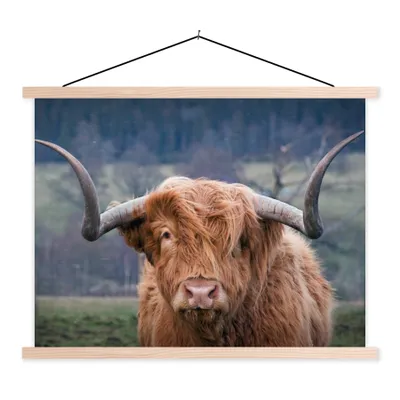 Produktbild von MuchoWow® Textilposter Schottischer Highlander - Hörner - Berg 40x30 cm mit holzfarbenen Rahmen - Bilder