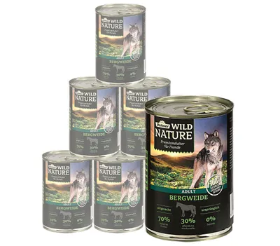 Produktbild von Dehner Wild Nature Hundefutter Bergweide, Nassfutter getreidefrei / zuckerfrei, für ausgewachsene Hunde, Pferd, 6 x 400 g Dose (2.4 kg)