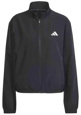 Obrázek produktu pro Bunda Adidas Train Essentials Woven Warm-Up, dámská, černá a bílá, model s třemi pruhy. (Pánská verze není uvedena.)