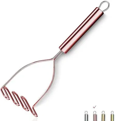 Zdjęcie produktu dla Unyqoos® – tłuczek do ziemniaków ze stali nierdzewnej – ergonomiczny tłuczek ręczny z powłoką tytanową w kolorze różowego złota, odporny na korozję, można myć w zmywarce, idealny do przygotowania idealnego puree ziemniaczanego