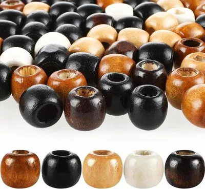 Zdjęcie produktu dla 200 drewnianych koralików z dużymi otworami – 5 kolorów – naturalne drewno – do rękodzieła, dredów, warkoczy, makramy – do tworzenia biżuterii