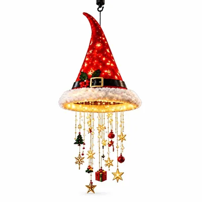 Produktbild von LED Weihnachtsmützen-Hängelampe mit Sternenmotiv, festliche Dekolampe, leuchtende Weihnachtsdeko für Wohnzimmer, Schlafzimmer & Fenster
