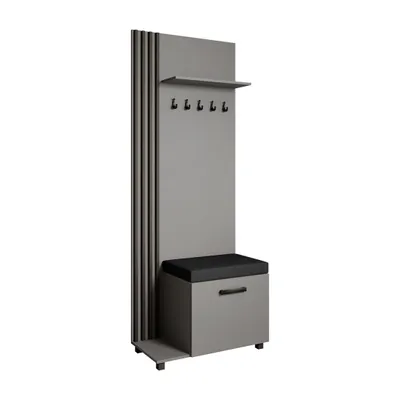 Produktbild von Garderobenschrank LIVIA Links Graphit – Garderobe mit Kleiderhaken, Schuhschrank, schwarze Lamellen, schwarzem Sitzkissen, Hochschrank, Flurmöbel