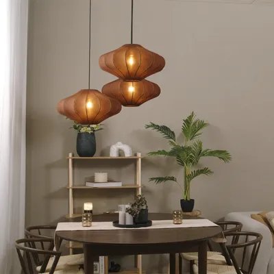 Zdjęcie produktu dla QAZQA - Japandi Japandi Lampa wisząca I Lampa wisząca I Lampa wisząca brązowa 50 cm 3-punktowa - Plu I Salon I Sypialnia - Tekstylna Okrągła - Odpowiednia do żarówek LED E27