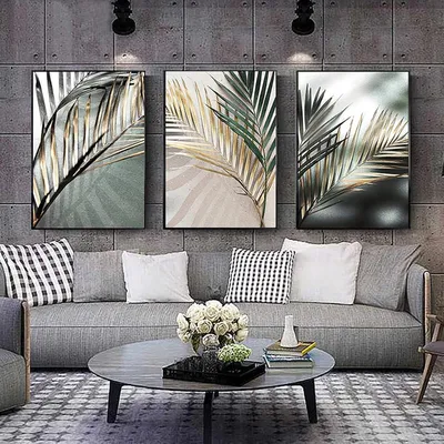 Image de Ensemble de 3 posters, motif "Feuilles dorées", style abstrait et moderne, dimensions 50x70 cm