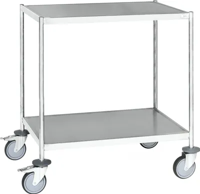 Produktbild von Kongamek Edelstahl- Etagenwagen vollständig geschweißt, 2 Ladeflächen 625x415mm Gummibereifung mit Bremse