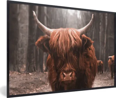 Produktbild von MuchoWow® Gerahmtes Poster Schottischer Hochländer - Wald - Kuh - Tiere - Natur 60x40 cm - Poster mit Schwarzem Bilderrahmen Wandposter Rahmen Foto Bilder - Printing - Wanddeko Schlafzimmer