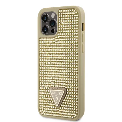Produktbild von Guess Rhinestones Triangle Metal Logo Case für iPhone 12/12 Pro Gold