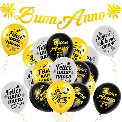 Latexballons mit Neujahrsbanner, Schwarz-Gold, 2024
