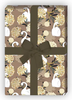 Produktbild von Üppiges Chrysanthemen Geschenkpapier mit edlen Schwänen, beige  - G11590, 32 x 48cm