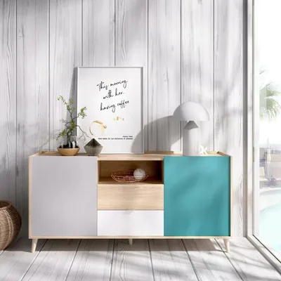Produktbild von Sideboard Dmaje, Wohnzimmer-Buffet, modernes Wohnzimmer-Sideboard mit 2 Türen, 155 x 43 x 75 cm, Weiß und Eiche
