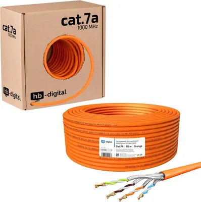 A cardboard box containing a spool of orange network cable is shown next to a separate spool of the same cable. The ends of the cable are exposed, showing the individual wires.