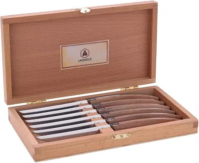 Obrázek produktu pro - Sada 6 nožů na steaky (23 cm) s nerezovou čepelí a hnědým madlem z materiálu Pakkawood